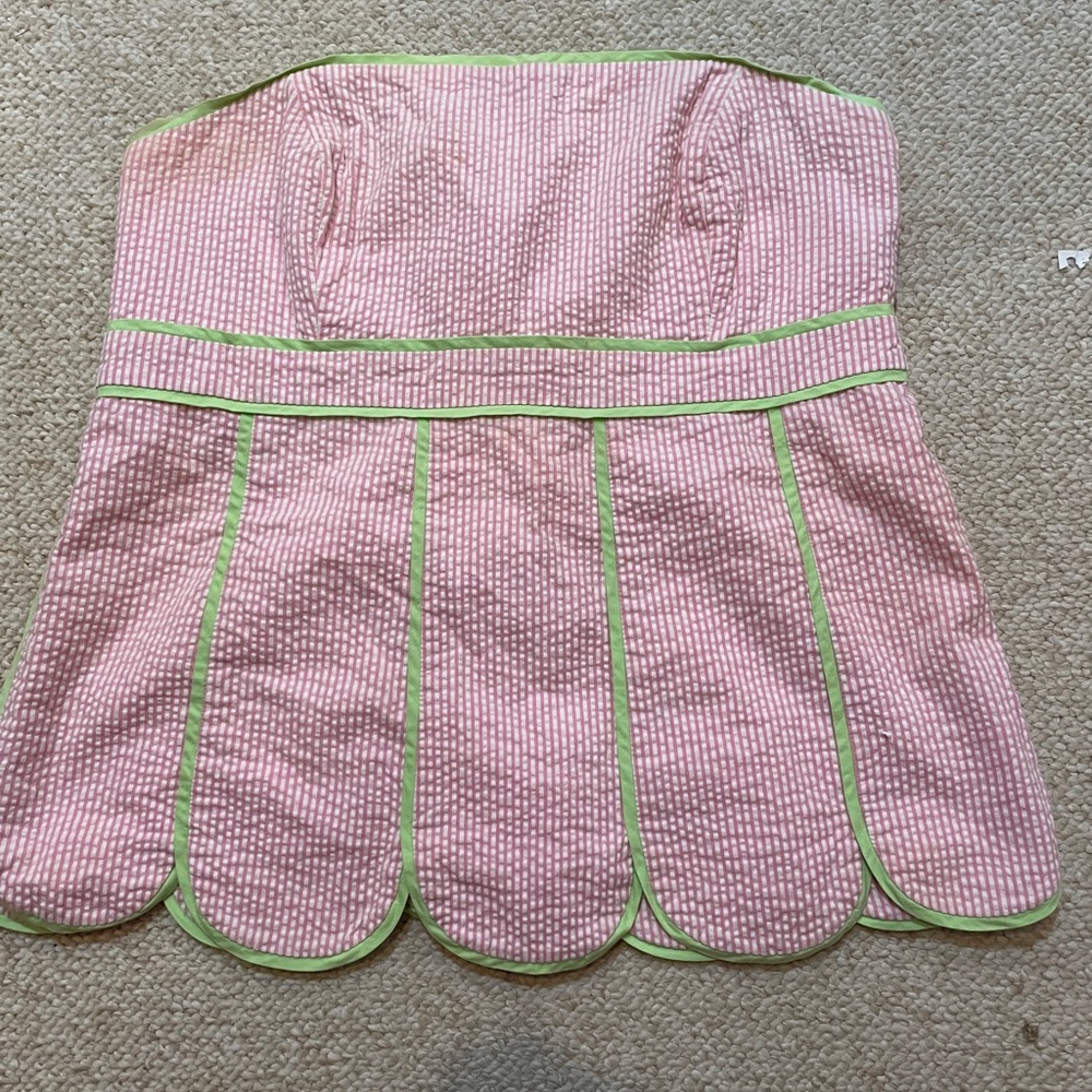 Lilly Pulitzer Pink White Green Meridan Seersucker Strapless Top Scallop 14